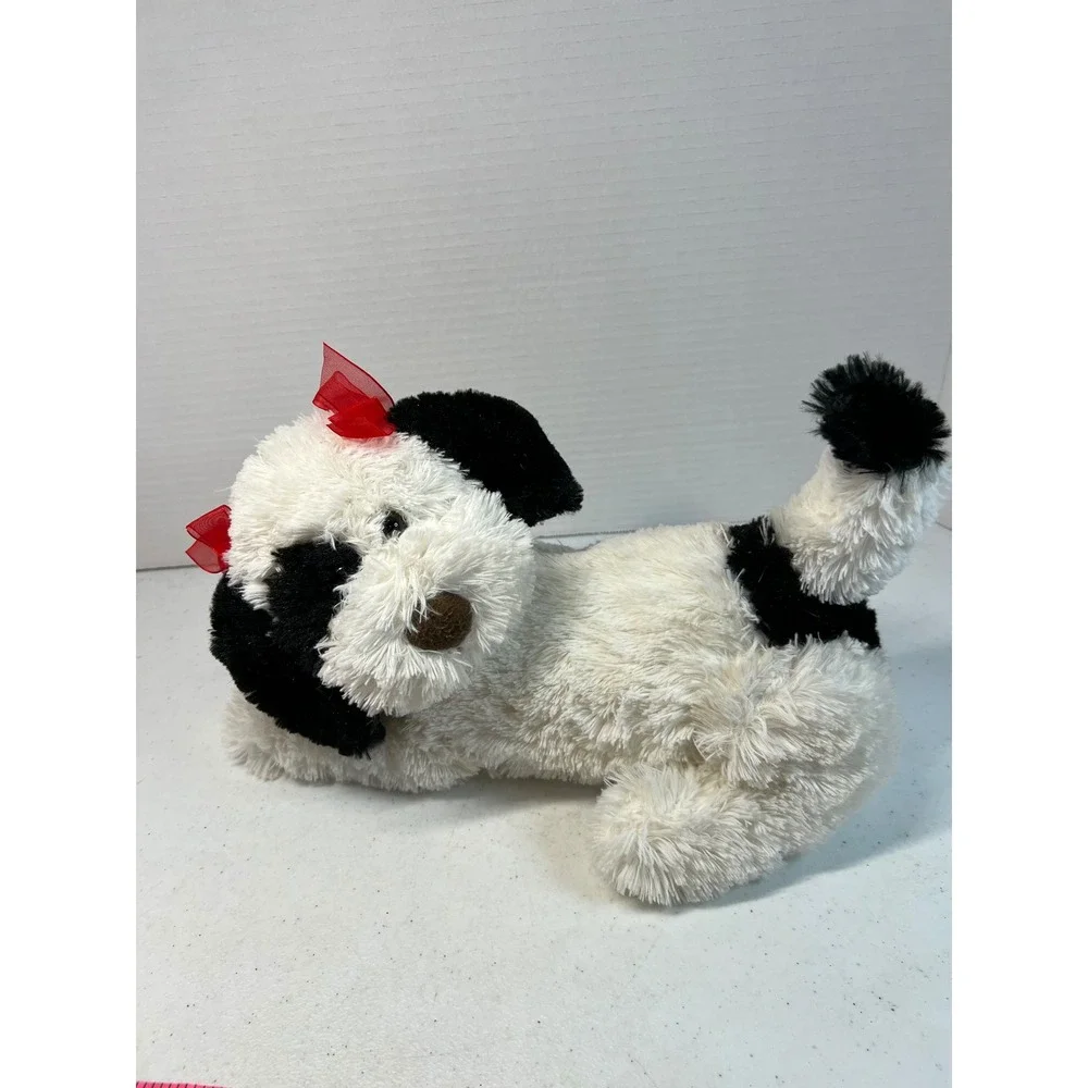 CVS Black White Spotted Puppy Dog Plush Red Bows Shaggy Stuffed Animal 12 Inch